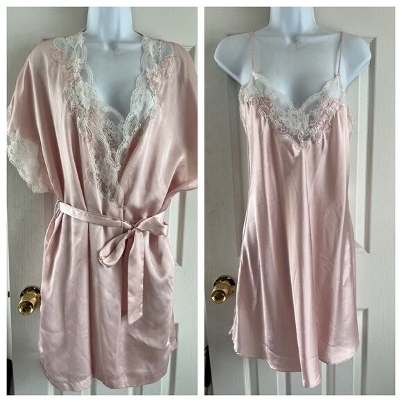 Vintage 1980's Etienne Peignoir Set Nightgown (S) and Robe (S) Pink With Beige - Picture 1 of 10